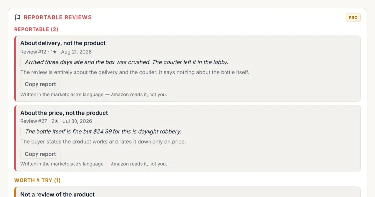 Reportable reviews with the takedown text ready to copy