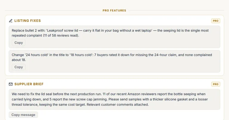 PRO insights: listing fixes, supplier brief and PPC keywords